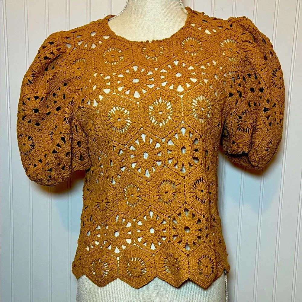 Zara Crochet Puff Sleeve Sweater Top - Rust/Tan/Spice Brown color